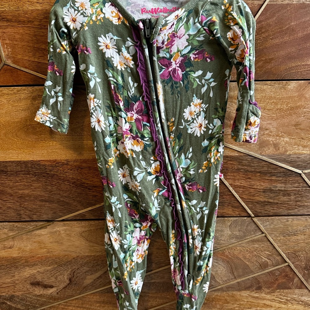 Ruffle Butts Olive Floral Kids Footie